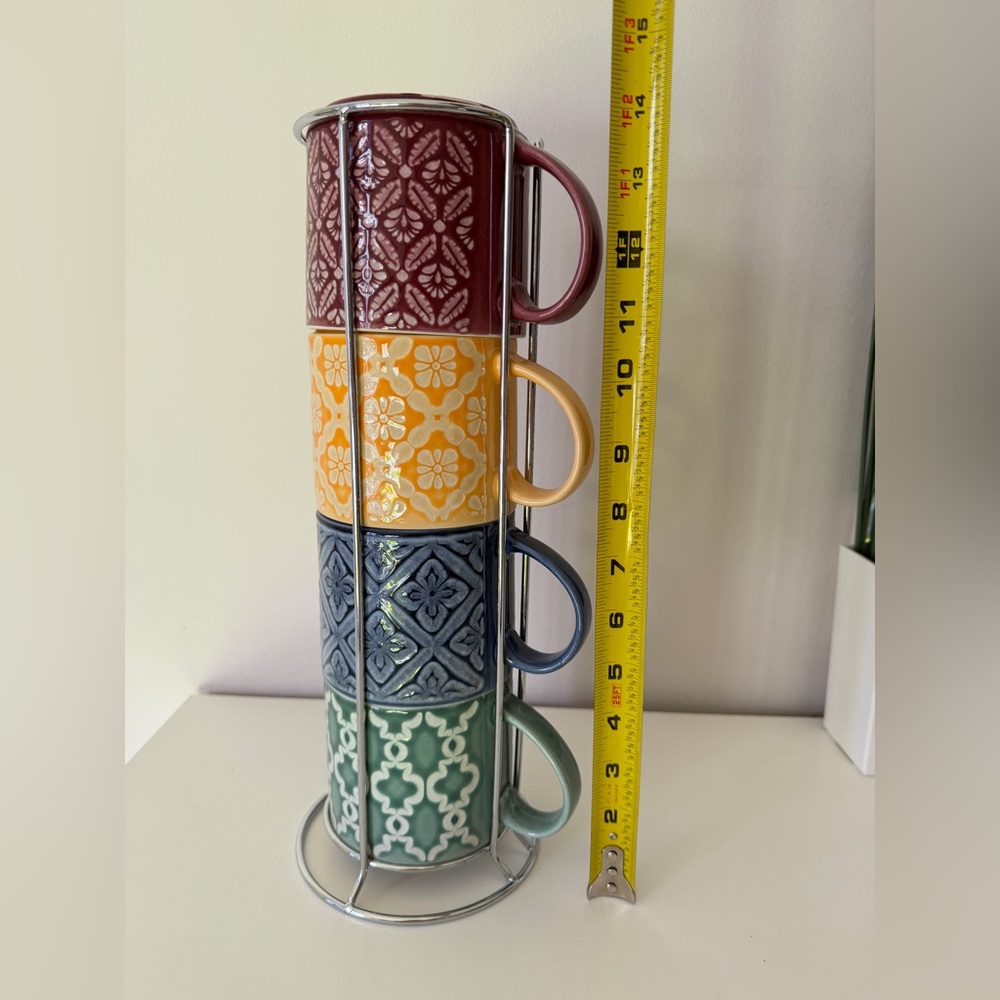 Over and Back Stoneware Mug Set of 4 with Metal Stand Multicolor - Picture 4 of 4